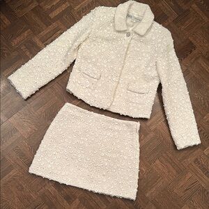 ZARA White Bouclé sequin Two-Piece Jacket & Mini Skirt Suit Set